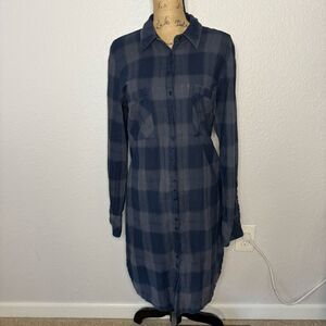 Free People Plaid Maxi Top Tunic Dress Size L Blue Grey Grunge Boho Button Down